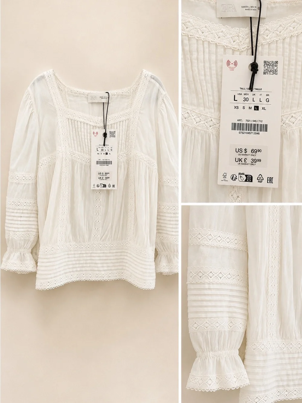 Zara White Lace-Trim Pintuck Peasant Blouse